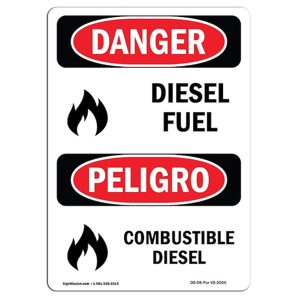Safety Sign, OSHA Danger, 5" Height, Combustible Diesel, Bilingual Spanish, 10PK